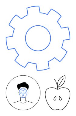 Teknoloji için dişli taslak, tanınmak için yüz örgüsü, sağlık ve denge için elma. Yapay zeka, yenilik, refah, teknoloji, sağlık, otomasyon soyut çizgisi düz metafor için idealdir.