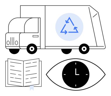 Mavi bir geri dönüşüm ikonu, açık bir kitap ve içinde saat sembolü olan bir göz olan geri dönüşüm kamyonu. Sürdürülebilirlik, zaman yönetimi, öğrenme, çevre bilinci, eğitim, ekoloji için ideal