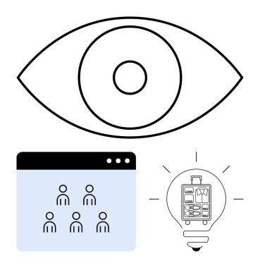 Görüş için göz sembolü, organizasyon için takım simgeleri olan tarayıcı penceresi, yenilik için ampul bavulu. Takım çalışması için ideal, strateji, yaratıcılık, çözümler, planlama, öngörü soyut çizgi düz