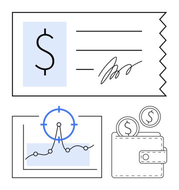 Dolar işareti ve imzalı makbuz, bozuk para dolu cüzdan, hedef göstergesi olan analiz grafiği. Bütçe, muhasebe, ödemeler, yatırımlar, analitikler, tasarruf çizgisi için ideal