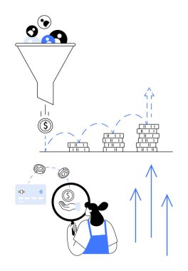 Müşteri simgeleriyle dolar işaretine filtrelenen, dönüşümü tasvir eden huni. Madeni gelişimini gösteren madeni para yığınları. Haritaları büyüteçle analiz eden kişi. İş için ideal