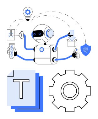 Test tüpü, parmak izi taraması, otomasyon ikonları ve belgelerle robot çoklu görevi. Yapay zeka, makine öğrenimi, otomasyon, yenilik, bilimsel araştırma robotları için ideal soyut çizgi