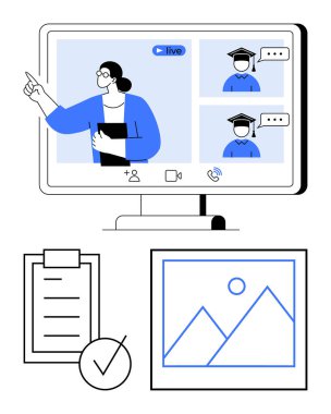 Öğretmen ekranda büyük harfli öğrencilerin olduğu canlı video dersini işaret ediyor, işaretli kontrol listesi, ve slayt simgesi. E- öğrenim, eğitim, programlar, öğretim araçları, eğitim platformları, hedef