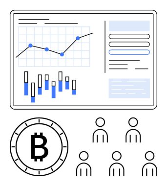Çizgi ve çubuk grafikli gösterge paneli ilerleme çubukları, Bitcoin sembolü, kullanıcı figürleri. Kripto analizi, finans, pazar eğilimleri, kullanıcı izleme, veri görselleştirme, iş stratejileri, dijital