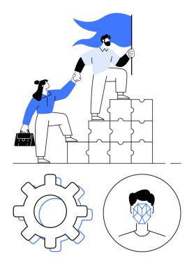 Birlikte çalışan bireyler, bulmaca bloklarına tırmanmak, yenilik için teçhizat, yüz tanıma teknolojiyi sembolize ediyor. Takım çalışması, liderlik, problem çözme, yapay zeka, yenilik başarısı için ideal