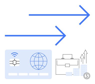 Kredi kartı, iş çantası ve yukarı doğru oklu bar çizelgeleri. Finans, iş büyümesi, yatırım, dijital ödemeler, ekonomik ilerleme, mali planlama teknolojisi benimsenmesi için ideal