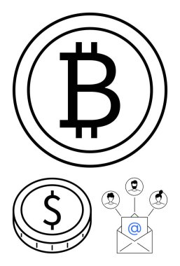 Bitcoin ve dolar sikkeleri dijital para birimini temsil ederken, bağlantılı e-posta ve avatarlar iletişimi öneriyor. Kripto para birimi, finans, e-posta, ağ, fintech, küresel ticaret, soyut