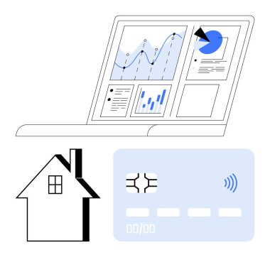 Analitik çizelgeleri, ev ikonu ve kredi kartı olan bir laptop. Finans, bütçe, yatırım, bankacılık, emlak yönetimi veri analizleri için ideal. Soyut çizgi düz metafor