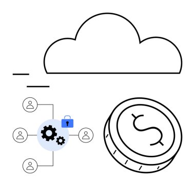 Ağ donanımlı bulut, takım üyeleri, güvenlik kilidi ve dolar para ikonu, bulut teknolojisini temsil eden takım işbirliği, finansal işlemler ve siber güvenlik. İş finansmanı için ideal