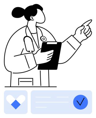 Steteskoplu ve panosu yukarıya bakan bir doktor, yanında mavi arka planda bir kalp ve işaret simgeleri var. Sağlık hizmetleri, tıbbi danışmanlık, teletıp, hasta bakımı, teşhisler için ideal