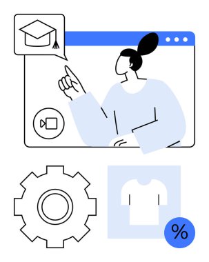 Mezuniyet şapkasıyla sanal öğrenim yapan bir kadın, ayarları temsil eden dişliler ve e-ticaret sembolleri bir tişört ve indirim etiketini parmakla işaretliyor. Eğitim için ideal, çevrimiçi öğrenim, teknoloji