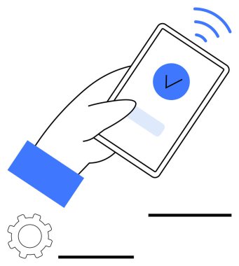 Kontrol işaretli akıllı telefon, kablosuz sinyal ve ayarlar. Dijital güvenlik, uygulama geliştirme, kimlik doğrulama, mobil teknoloji, kullanıcı arayüzü, çevrimiçi hizmetler soyut hattı için ideal