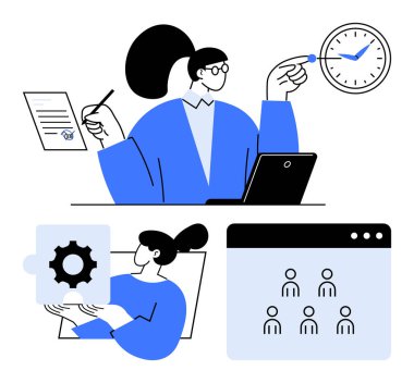 Dizüstü bilgisayarda çalışan, elinde kağıt ve kalem tutan, saati ayarlayan, bulmaca ve takım platformuyla etkileşim içinde olan biri. Zaman yönetimi, işbirliği, iş akışı, verimlilik, organizasyon için ideal