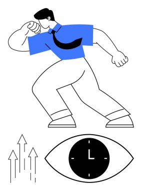 Kendine güvenen, yukarı doğru büyüyen oklar, zaman odaklı göz sembolü olan bir adam. Başarı için ideal, üretkenlik, kararlılık, liderlik, zaman yönetimi, yenilik soyut çizgi