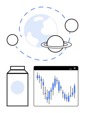 Yörünge halkaları ve gök cisimleri olan bir gezegen. Mavi şamdan desenli bir süt kutusunun yanında. Finans, astronomi, analitik, veri, ekonomi ve pazarlama için ideal