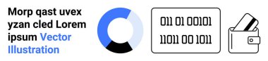 Donut grafiği mavi ve siyah, ikili kodlu numaralar, kredi kartlı cüzdan. Fintech, dijital ödemeler, veri analizi, finans yönetimi, teknik çözümler, siber güvenlik kodlama kavramları için ideal