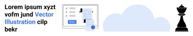 Çevrimiçi ödeme makbuzu, bulut hesaplama grafiği ve satranç taşı dijital finans, dosya paylaşımı ve stratejiyi vurguluyor. Fintech, teknoloji güvenliği, bulut sistemleri ve planlama stratejisi için ideal