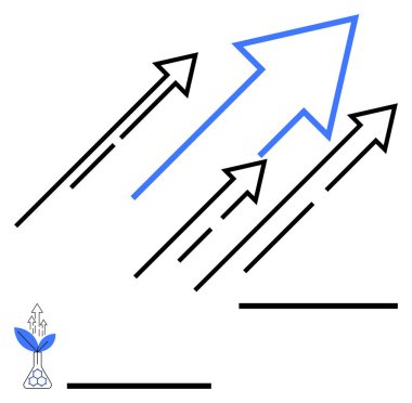 Mavi ve siyah oklar, büyümeyi, ilerlemeyi ve yeniliği sembolize eden bir bitki ve tohum tabanını işaret ediyor. Ticari büyüme, başarı stratejisi, sürdürülebilirlik, girişimler ve liderlik için ideal