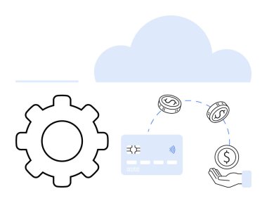 Dişliler teknolojiyi, kredi kartı dijital ödemeleri, madeni paralar para birimini, el yardımı simgeler ve bulut hesaplamayı gösterir. Fintech, bankacılık, e-ticaret, dijital için ideal