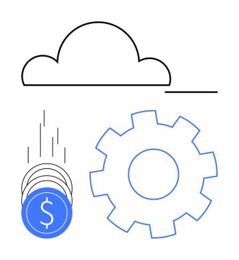Mavi dişlinin yanındaki bozuk paraların üstündeki bulut anahatları. Finansal teknoloji, bulut hesaplama, dijital büyüme, ekonomik yenilik, teknoloji yatırımları, çevrimiçi gelir ve süreç için ideal