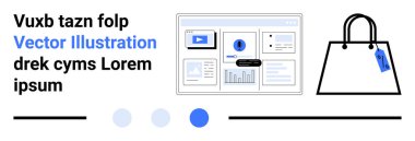 Bir alışveriş çantasının yanında çizelge, analiz ve medya arayüzü. Pazarlama, e-ticaret, veri analizi, UI tasarımı, perakende satış, düz iniş sayfası afişi için ideal