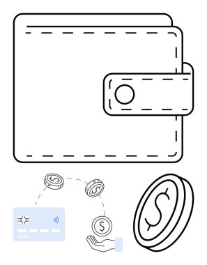 İçinde dolar bozuklukları olan cüzdan, temassız ödeme kartı ve para transferini gösteren bir el. Ecommerce, bankacılık, temassız ödemeler, finans, bütçe tasarrufu harcamaları için ideal. Satır metaforu