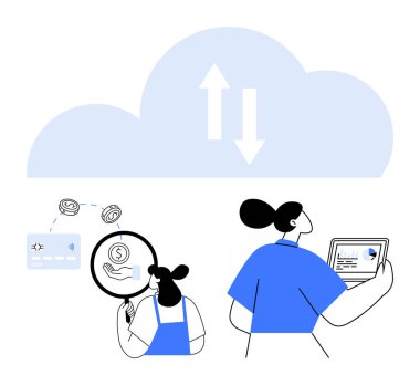 Bir kişi bir dolar sembolünü büyüteçle inceler, diğeri bir tablet tutar. Oklu bulut veri akışını gösterir. Bulut hesaplama, finansal analiz, dijital dönüşüm ve veri için ideal