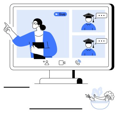 Çevrimiçi eğitim kavramı, öğretmenler ekranı gösterirken ve mezuniyet şapkalı öğrenciler video aracılığıyla etkileşime girerken. E-öğrenme, web siteleri, uzaktan çalışma, iletişim, takım çalışması için ideal