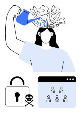 Başındaki çiçekleri sulayan kadın yaratıcılığı ve büyümeyi simgeliyor. Tarayıcı arayüzü, kilit ve kafatası simgelerini içerir. Ruh sağlığı, yaratıcılık, siber güvenlik ve büyüme dengesi için ideal