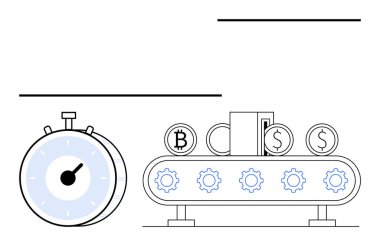Dişli taşıma araçlarının yanında duran paralar Bitcoin ve Doları işaret ediyor, zamanı, parayı, otomasyonu ve verimliliği simgeliyor. Tasarruf için ideal, verimlilik, fintech, engelleme zinciri
