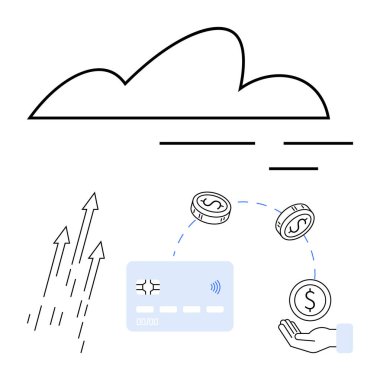 Bir kredi kartına, bozuk paralara, yukarı çıkan oklara ve para alan bir ele bağlı bulut. Finansal teknoloji için ideal, çevrimiçi işlemler, dijital ödemeler, bulut hesaplama, finansal büyüme fintech