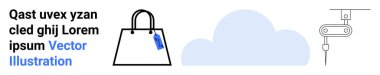 Etiketli bir alışveriş torbası, minimum bulut ve basit bir sanat eserinin mekanik parçası. Perakende satış, bulut hesaplama, makine, moda, e-ticaret, teknoloji minimalizmi düz iniş sayfası için ideal