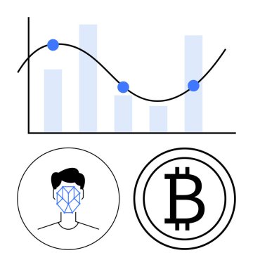 Kavisli bar çizelgesi, yüz tanıma sistemi ve Bitcoin logosu. Veri analizi, engelleme zinciri, kripto para birimi, fintech, kimlik, güvenlik soyut çizgisi düz metaforu için ideal