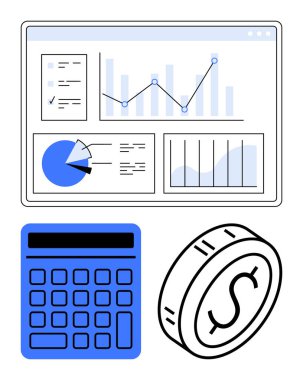 Mavi hesap makinesi ve madeni paranın yanında grafikler, pasta çizelgesi ve çizgilerle mali konsol. Finans, bütçe, veri analizi, muhasebe, yatırım ekonomik büyüme için idealdir.
