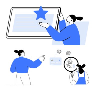 Tabletteki bir yıldıza dokunan kişi, başka bir işaret parmağı, kart işlemleri için parayı analiz eden üçüncü kişi. Kullanıcı arayüzü, müşteri değerlendirmeleri, çevrimiçi ödeme, geri bildirim, teknoloji, dijital için ideal