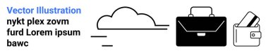 Bulut, iş çantası ve kredi kartlı bir cüzdan içeren tek renkli ikonlar. İş için ideal, finans uygulamaları, seyahat planlaması, bulut depolama, bankacılık, minimalist tasarım