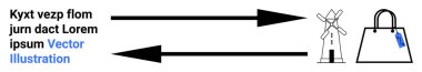 Yel değirmeni, el çantası, iki yatay ok transfer ya da bağlantı olduğunu gösteriyor. Sürdürülebilirlik, ticaret, eko-ticaret, dairesel ekonomi, üretim döngüsü, sanayi ve düz iniş sayfası afişi için ideal