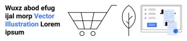 Alışveriş arabası, minimalist yaprak ikonu ve mavi Ödeme düğmeli dijital ödeme faturası. E-ticaret, sürdürülebilirlik, finans, çevre, alışveriş, iş büyümesi soyut çizgisi düz metafor için ideal