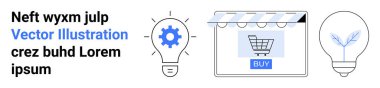 Teçhizatlı ampul, çevrimiçi mağaza önü, alışveriş arabası ve çevre dostu ampul tasarımı. E-ticaret, yenilik, eko-teknoloji, perakende, pazarlama, sürdürülebilirlik düz iniş sayfası afişi için ideal