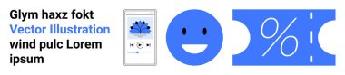 Akıllı telefon müzik uygulaması, gülen surat ve yüzde sembollü bilet. Eğlence, promosyon, müzik, dijital araçlar, mutluluk satışları ve pazarlama için ideal. Soyut çizgi düz metafor