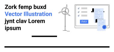 Bir işlem makbuzu ve ödeme düğmesini gösteren dijital ödeme ekranının yanındaki rüzgar türbini. Metin elemanları yapıyı ekler. Finans, yenilenebilir enerji, teknoloji, sürdürülebilirlik ve e-ticaret için ideal