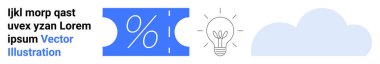 Yüzde işareti olan kupon, fikirleri ya da yeniliği sembolize eden ampul ve basit bir bulut motifi. İndirim, beyin fırtınası, yenilik, yaratıcılık, bulut hesaplama, iş kavramları için ideal