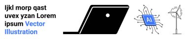 Laptop silueti, yapay zeka mikroçipi ve rüzgar türbini dijital araçları, yenilikleri ve yeşil enerjiyi sembolize eder. Teknoloji, yapay zeka, sürdürülebilirlik, gelecekteki yenilenebilir enerji soyut çizgisi için ideal