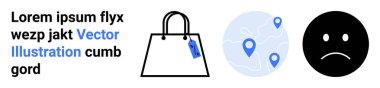 Fiyat etiketli alışveriş çantası, yer işaretli harita, üzgün yüz simgesi. E-ticaret, dağıtım hizmetleri, müşteri seyahati, perakende sorunları, lojistik, geri bildirim düz iniş sayfası afişi için ideal