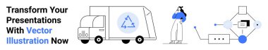 Delivery truck with recycling icon, thoughtful person, and data flow diagram. Ideal for eco-transport, sustainability, innovation, analytics, logistics technology, environmental strategy flat clipart