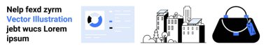 Analitiği olan dijital gösterge paneli, binaları olan şehir silueti ve şık bir el çantası. Teknoloji, veri, kentsel planlama, alışveriş, ecommerce, moda markalı düz iniş sayfası afişi için ideal