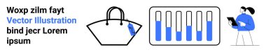 Fiyat etiketli alışveriş çantası ve birey tarafından incelenen grafik çubuk veri ekranı. İş için ideal, perakende satış, tüketici analitiği, e-ticaret, piyasa araştırması, trendler, düz iniş sayfası afişi