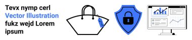 Etiketli alışveriş torbası, kilitli kalkan ve ekrandaki analizler siber güvenliği, çevrimiçi alışverişi, veri analizini ve tüketici korumasını vurguluyor. Perakende, e-ticaret ve teknoloji için ideal.