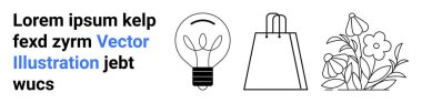 Ampul, alışveriş torbası ve sıra sıra sıra dizilmiş çiçeklerle yer tutucu metni. Yaratıcılık, sürdürülebilirlik, alışveriş, çevre dostu, doğa, ilham tasarımı gibi kavramsal fikirler için idealdir.