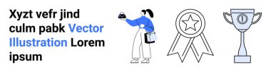 Ödül kurdelesi ve kupanın yanında hediye kutusu taşıyan bir kadın. İdeal ödül konsepti, tanınma, motivasyon, başarı, kutlama, rekabet, düz iniş sayfası afişi hedefleri